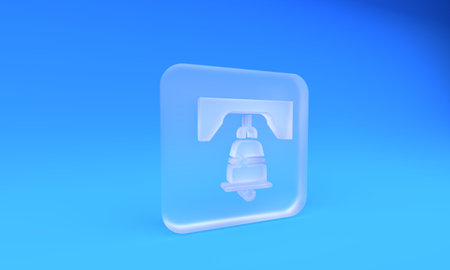 Frosted glass Liberty bell in Philadelphia icon isolated on blue background. Square frosted glass button. 3D render illustration.の写真素材