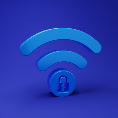 Blue Wifi locked sign icon isolated on blue background. Password Wi-fi symbol. Wireless Network icon. Wifi zone. Minimalism concept. 3D render illustration.の写真素材
