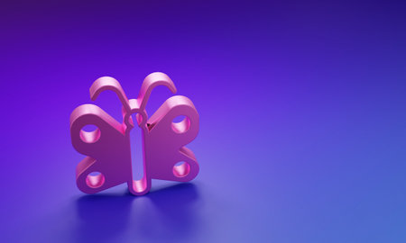Pink Butterfly icon isolated on purple-blue background. Minimalism concept. 3D render illustration.の写真素材
