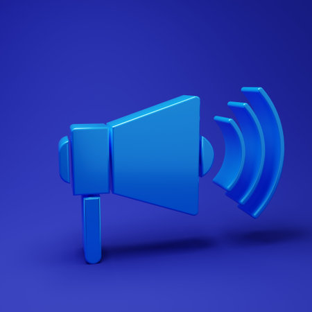 Blue Megaphone icon isolated on blue background. Loud speech alert concept. Bullhorn for Mouthpiece scream promotion. Minimalism concept. 3D render illustration.の写真素材