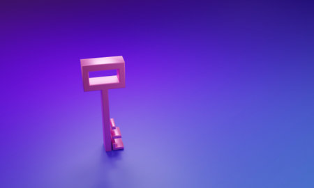 Pink key icon isolated on purple-blue background. Minimalism concept. 3D render illustration.の写真素材