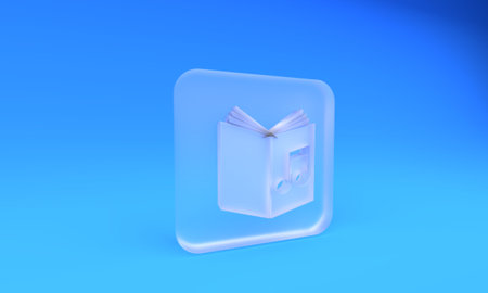 Frosted glass Audio book icon isolated on blue background. Musical note with book. Audio guide sign. Online learning concept. Square frosted glass button. 3D render illustration.の写真素材