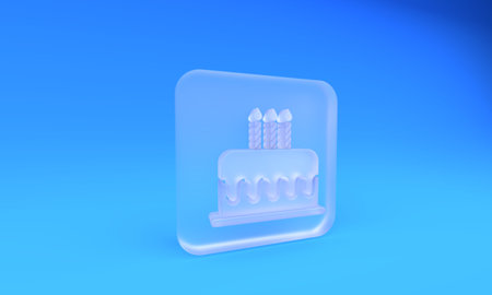 Frosted glass Cake with burning candles icon isolated on blue background. Happy Birthday. Square frosted glass button. 3D render illustration.の写真素材