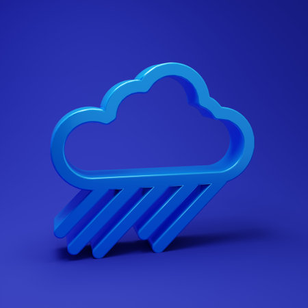 Blue Cloud with rain icon isolated on blue background. Rain cloud precipitation with rain drops. Minimalism concept. 3D render illustration.の写真素材