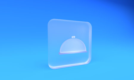 Frosted glass Covered with a tray of food icon isolated on blue background. Tray and lid. Restaurant cloche with lid. Kitchenware symbol. Square frosted glass button. 3D render illustration.の写真素材