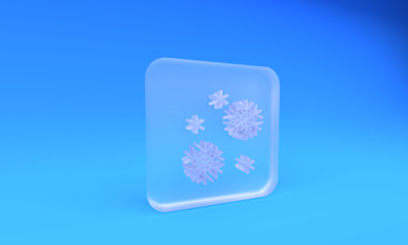 Frosted glass Snow icon isolated on blue background. Square frosted glass button. 3D render illustration.の写真素材