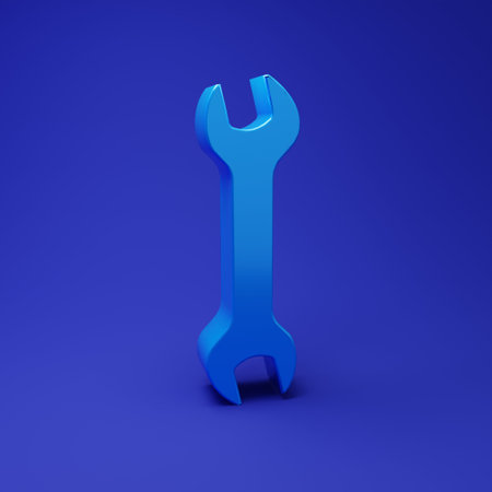 Blue Wrench icon isolated on blue background. Spanner repair tool. Service tool symbol. Minimalism concept. 3D render illustration.の写真素材