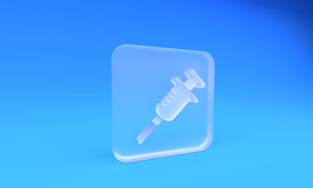 Frosted glass Syringe icon isolated on blue background. Syringe for vaccine, vaccination, injection, flu shot. Medical equipment. Square frosted glass button. 3D render illustration.の写真素材