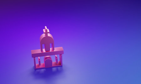 Pink Church building icon isolated on purple-blue background. Christian Church. Religion of church. Minimalism concept. 3D render illustration.の写真素材