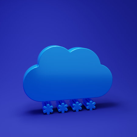 Blue Cloud with snow icon isolated on blue background. Cloud with snowflakes. Single weather icon. Snowing sign. Minimalism concept. 3D render illustration.の写真素材