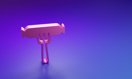 Pink Sausage on the fork icon isolated on purple-blue background. Minimalism concept. 3D render illustration.の写真素材