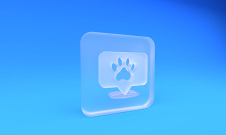Frosted glass Map pointer with veterinary medicine hospital, clinic or pet shop for animals icon isolated on blue background. Square frosted glass button. 3D render illustration.の写真素材