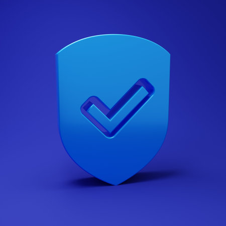 Blue Shield with check mark icon isolated on blue background. Protection symbol. Security check Icon. Tick mark approved icon. Minimalism concept. 3D render illustration.の写真素材