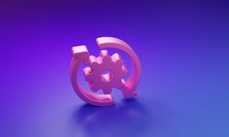 Pink Gear and arrows as workflow concept icon isolated on purple-blue background. Gear reload sign. Minimalism concept. 3D render illustration.の写真素材