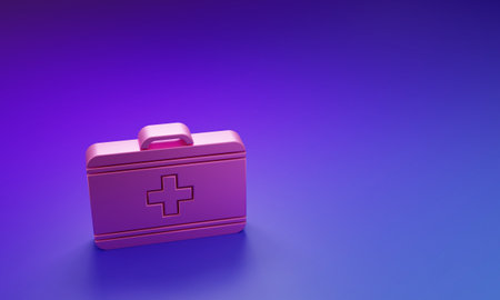Pink First aid kit icon isolated on purple-blue background. Medical box with cross. Medical equipment for emergency. Healthcare concept. Minimalism concept. 3D render illustration.の写真素材