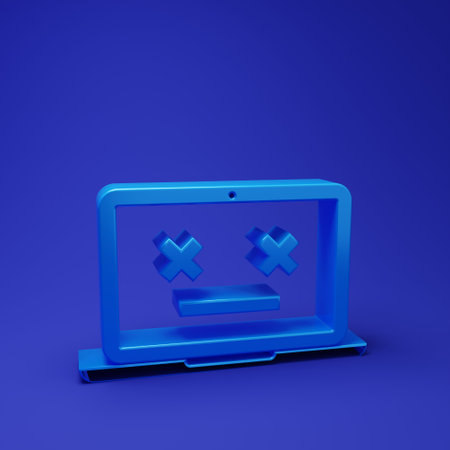 Blue Dead laptop icon isolated on blue background. 404 error like laptop with dead emoji. Fatal...