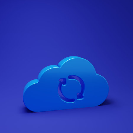 Blue Cloud sync refresh icon isolated on blue background. Cloud and arrows. Minimalism concept. 3D render illustration.の写真素材