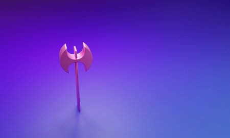 Pink Medieval ax icon isolated on purple-blue background. Battle axe, executioner axe. Medieval weapon. Minimalism concept. 3D render illustration.の写真素材