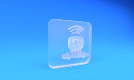Frosted glass Smart sensor system icon isolated on blue background. Internet of things concept with wireless connection. Square frosted glass button. 3D render illustration.の写真素材