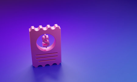 Pink Paper check and financial check icon isolated on purple-blue background. Paper print check, shop receipt or bill. Minimalism concept. 3D render illustration.の写真素材