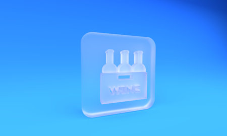 Frosted glass Bottles of wine in a wooden box icon isolated on blue background. Wine bottles in a...