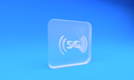 Frosted glass 5G new wireless internet wifi connection icon isolated on blue background. Global network high speed connection data rate technology. Square frosted glass button. 3D render illustration.の写真素材