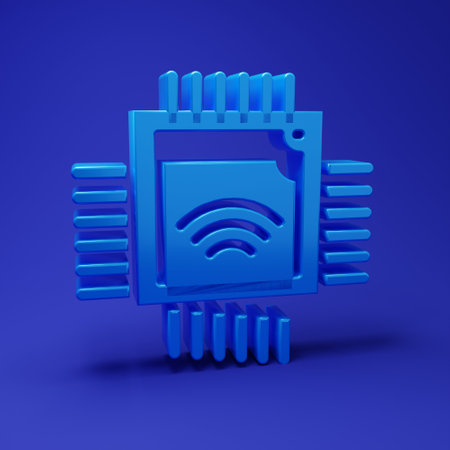 Blue Computer processor with microcircuits CPU icon isolated on blue background. Chip or cpu with circuit board. Micro processor. Minimalism concept. 3D render illustration.の写真素材