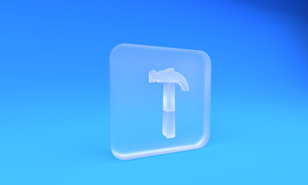 Frosted glass Hammer icon isolated on blue background. Tool for repair. Square frosted glass button. 3D render illustration.の写真素材