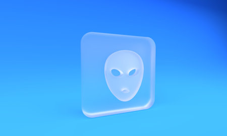 Frosted glass Alien icon isolated on blue background. Extraterrestrial alien face or head symbol. Square frosted glass button. 3D render illustration.の写真素材