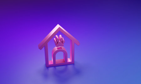 Pink Dog house and paw print pet icon isolated on purple-blue background. Dog kennel. Minimalism concept. 3D render illustration.の写真素材