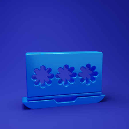 Blue Laptop with password notification icon isolated on blue background. Security, personal access, user authorization, login form. Minimalism concept. 3D render illustration.の写真素材