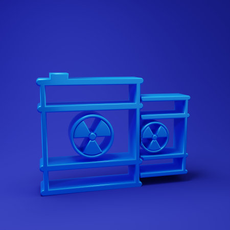 Blue Radioactive waste in barrel icon isolated on blue background. Toxic refuse keg. Radioactive garbage emissions, environmental pollution. Minimalism concept. 3D render illustration.の写真素材