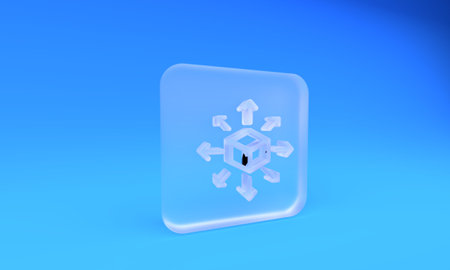 Frosted glass Distribution icon isolated on blue background. Content distribution concept. Square frosted glass button. 3D render illustration.の写真素材