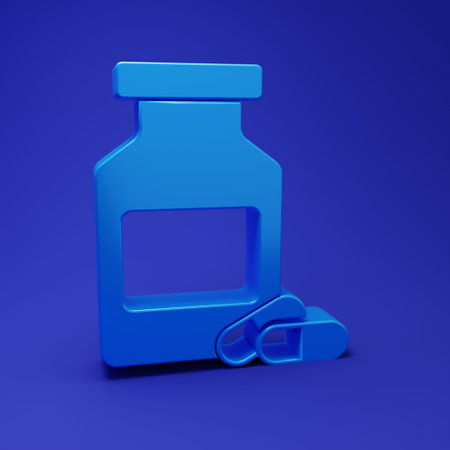 Blue Medicine bottle and pills icon isolated on blue background. Bottle pill sign. Pharmacy design. Minimalism concept. 3D render illustration.の写真素材