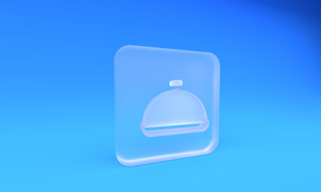 Frosted glass Covered with a tray of food icon isolated on blue background. Tray and lid sign. Restaurant cloche with lid. Square frosted glass button. 3D render illustration.の写真素材