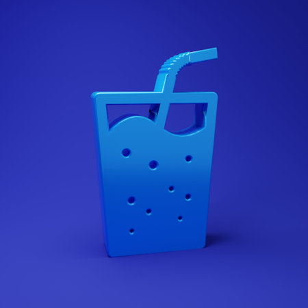 Blue Glass with water icon isolated on blue background. Soda drink glass with drinking straw. Fresh cold beverage symbol. Minimalism concept. 3D render illustration.の写真素材