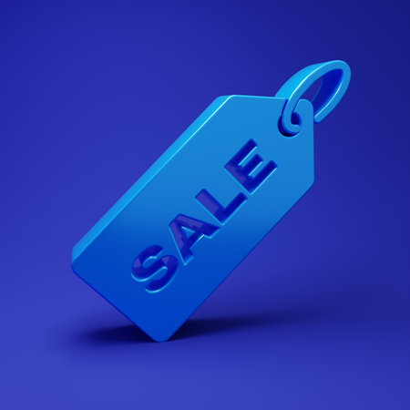 Blue Price tag with an inscription Sale icon isolated on blue background. Badge for price. Promo tag discount. Minimalism concept. 3D render illustration.の写真素材