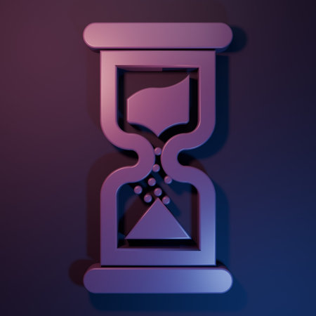Purple Old hourglass with flowing sand icon isolated on purple-blue background. Sand clock sign....