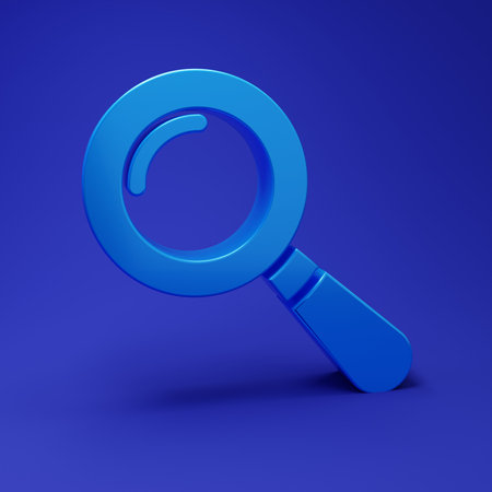 Blue Magnifying glass icon isolated on blue background. Search, focus, zoom, business symbol. Minimalism concept. 3D render illustration.の写真素材