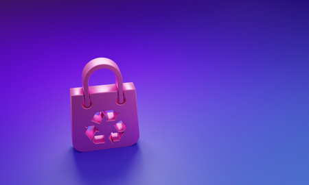 Pink Paper shopping bag with recycle icon isolated on purple-blue background. Bag with recycling symbol. Minimalism concept. 3D render illustration.の写真素材