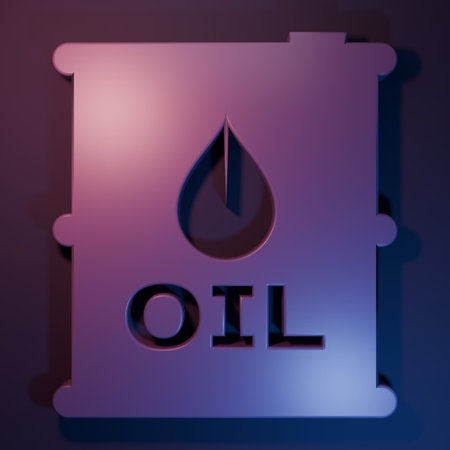 Purple Oil barrel icon isolated on purple-blue background. Oil drum container. For infographics, fuel, industry, power, ecology. Minimalism concept. 3D render illustration.の写真素材