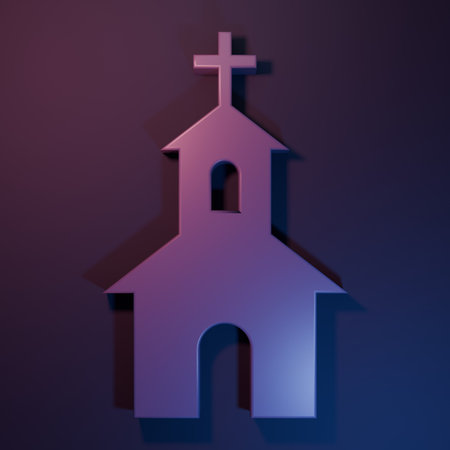 Purple Church building icon isolated on purple-blue background. Christian Church. Religion of church. Minimalism concept. 3D render illustration.の写真素材