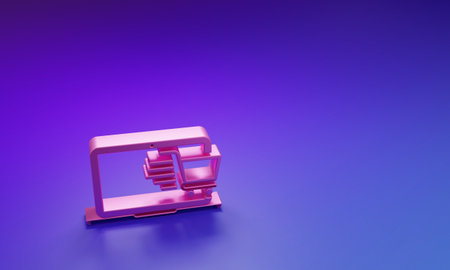 Pink Shopping cart on screen laptop icon isolated on purple-blue background. Concept e-commerce, e-business, online business marketing. Minimalism concept. 3D render illustration.の写真素材