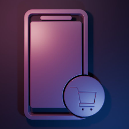 Purple Mobile phone and shopping cart icon isolated on purple-blue background. Online buying symbol....