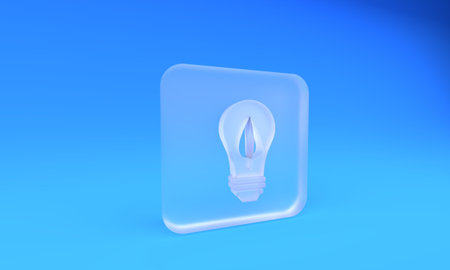Frosted glass Light bulb with leaf icon isolated on blue background. Eco energy concept. Alternative energy concept. Square frosted glass button. 3D render illustration.の写真素材