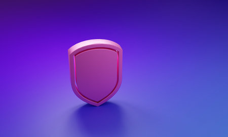 Pink Shield icon isolated on purple-blue background. Guard sign. Minimalism concept. 3D render illustration.の写真素材