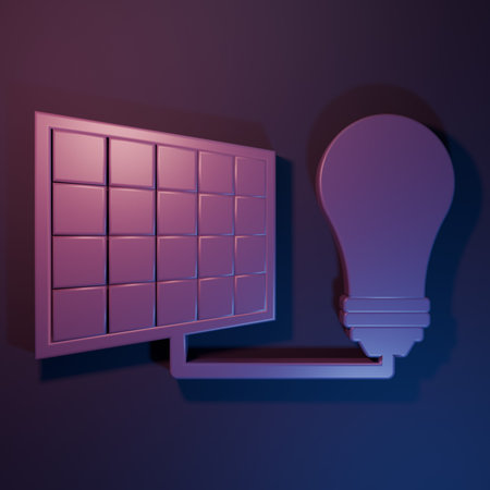 Purple Solar energy panel and light bulb icon isolated on purple-blue background. Minimalism concept. 3D render illustration.の写真素材