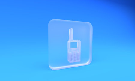 Frosted glass Walkie talkie icon isolated on blue background. Portable radio transmitter icon. Radio transceiver sign. Square frosted glass button. 3D render illustration.の写真素材