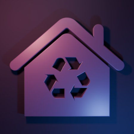 Purple Eco House with recycling symbol icon isolated on purple-blue background. Ecology home with...