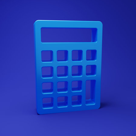 Blue Calculator icon isolated on blue background. Accounting symbol. Business calculations mathematics education and finance. Minimalism concept. 3D render illustration.の写真素材